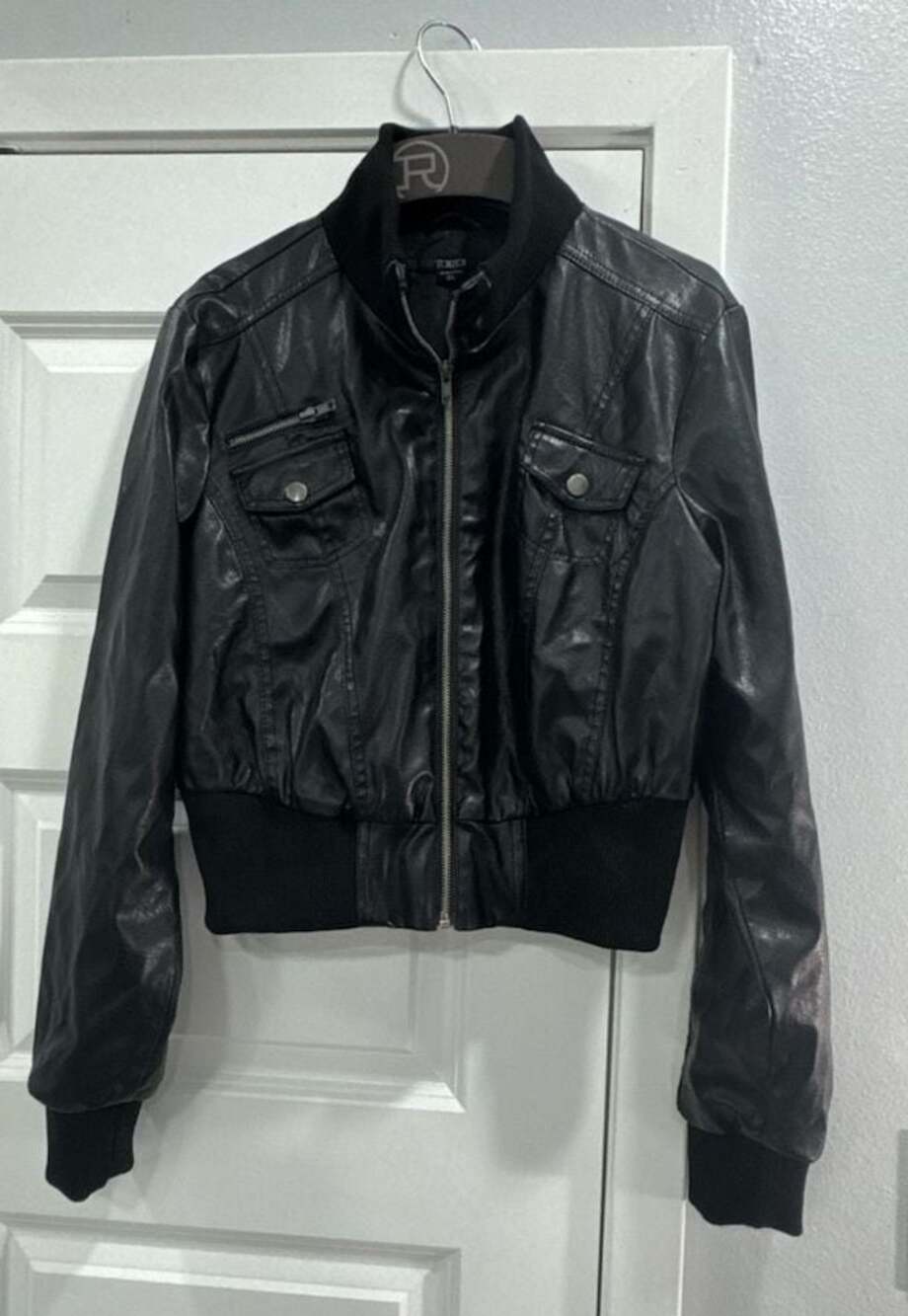 TOXIK3 Black Faux Leather Moto Bomber Jacket with Ribbed Trim Size XL